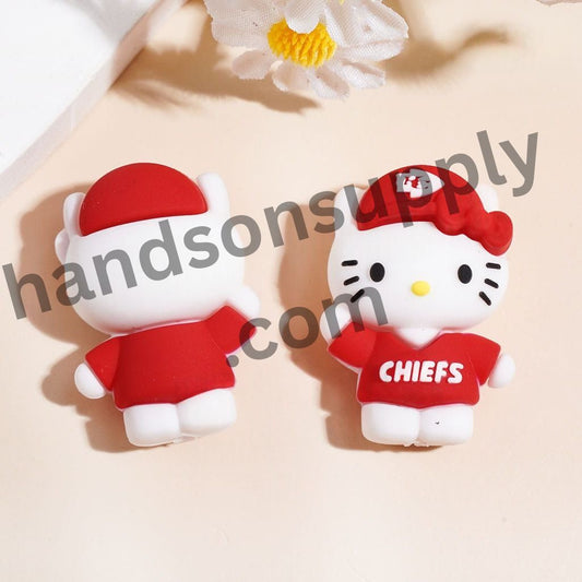 Cute Cat Character Wearing KC Chiefs Football Cap & Jersey Sports Theme Silicone Focal Bead, Height 30MM