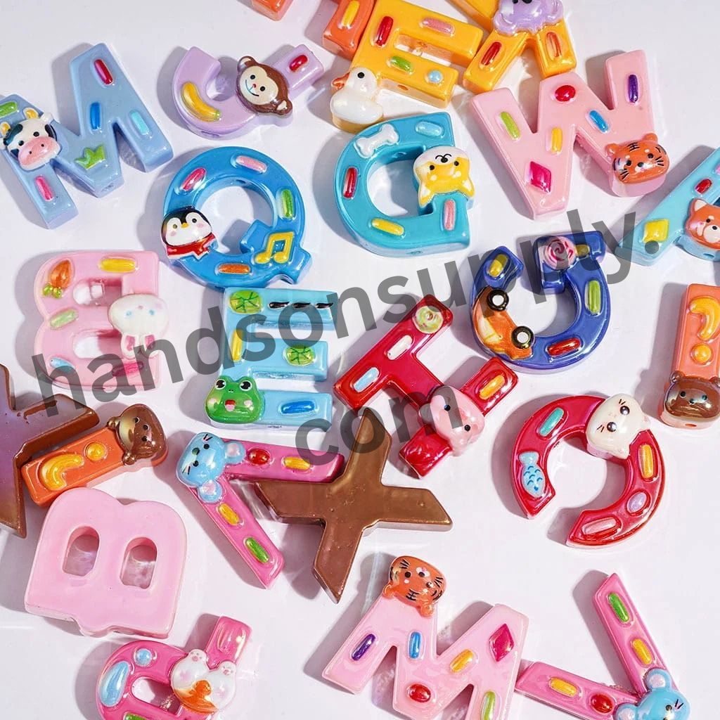 UV-Coated Alphabet All Letter with Cartoon Animal Fruit Candy Acrylic Beads, Random Mix