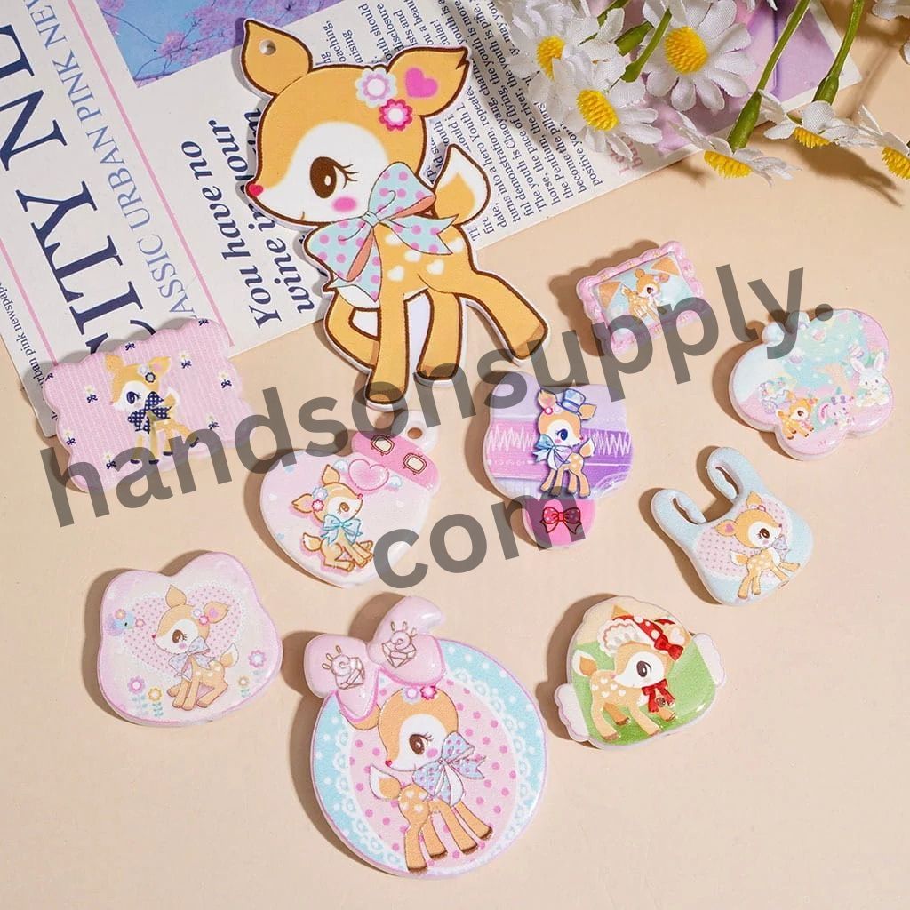 Cute Deer Character with Bowtie Series Acrylic Beads and Pendants, Random Mix