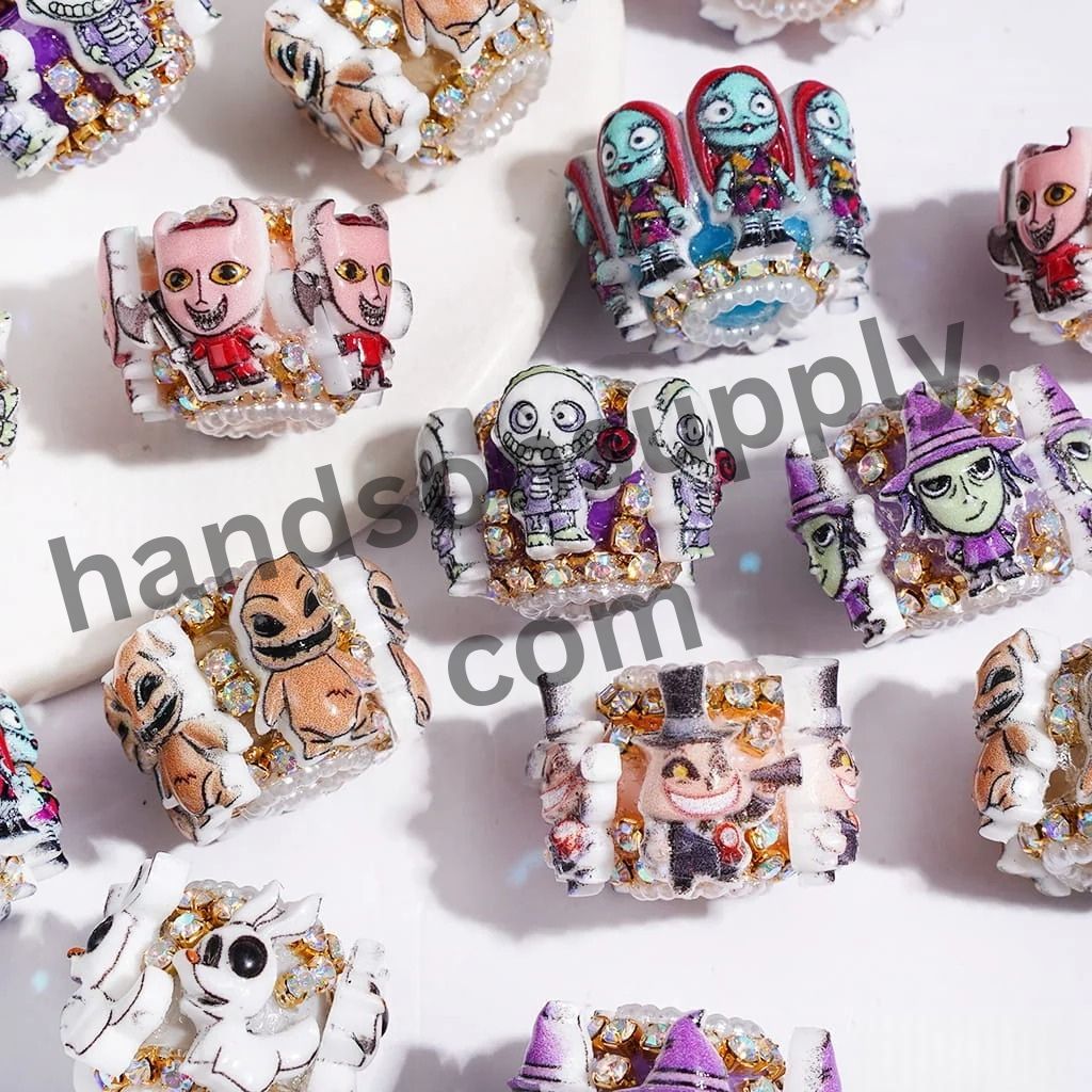 Spooky Halloween Skull Skeleton Couple with AB Rhinestone Chains & White Pearl Loop Handmade Acrylic Beads, 20MM, Random Mix