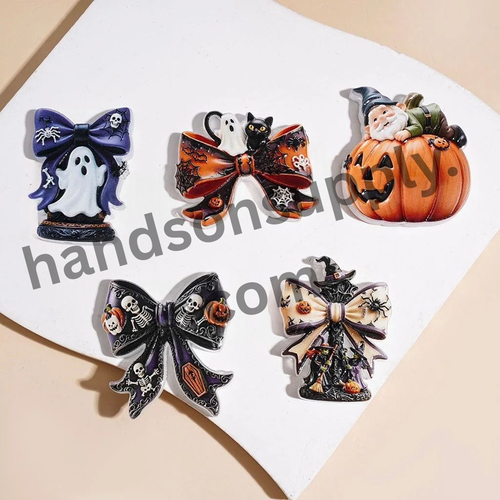 Eerie Halloween Ghost, Elf, Pumpkin, Witch, Spider & Cat Designs Bowtie-Shaped Acrylic Beads, Random Mix