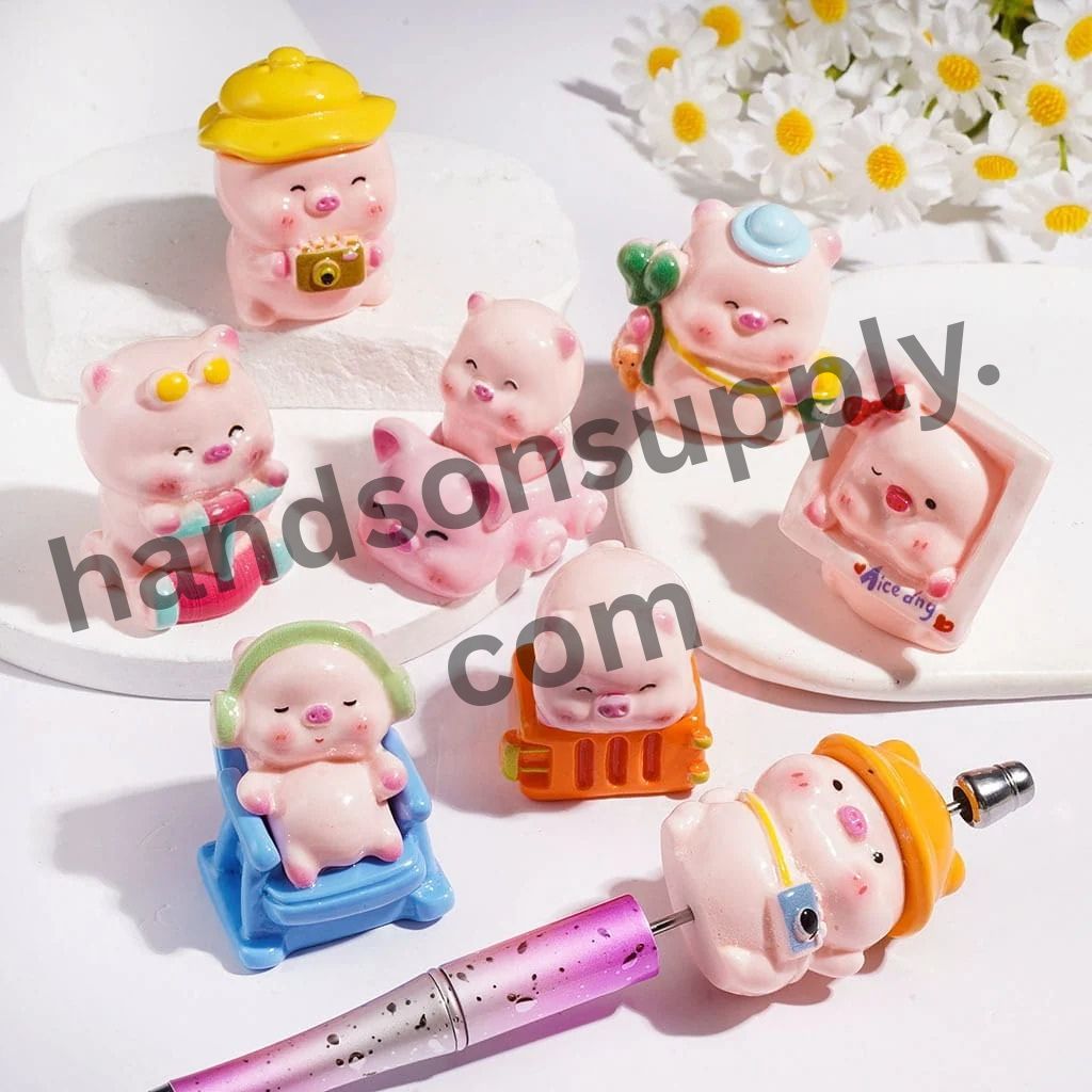 Cute Japanese Pink Pig Cartoon Character Summer Holiday Series Acrylic Figurine for Beads and Pen Topper, Jewelry Accessories, Random Mix