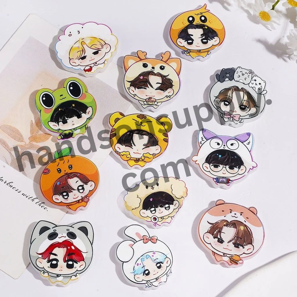 Adorable Korean Boy Group Characters Wearing Cute Animal & Fruit Hats Cartoon Image Style Acrylic Beads, Random Mix