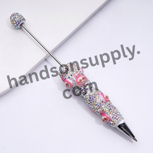White Clay Beadable Pens with Monster Doll Character Heads, Red Bowtie and Full-Coverage AB Rhinestones