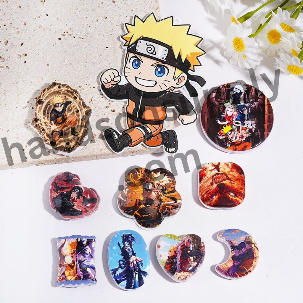 Japanese Fiery Anime Ninja Character Series Printed Acrylic Beads, Assorted Shapes, Random Mix