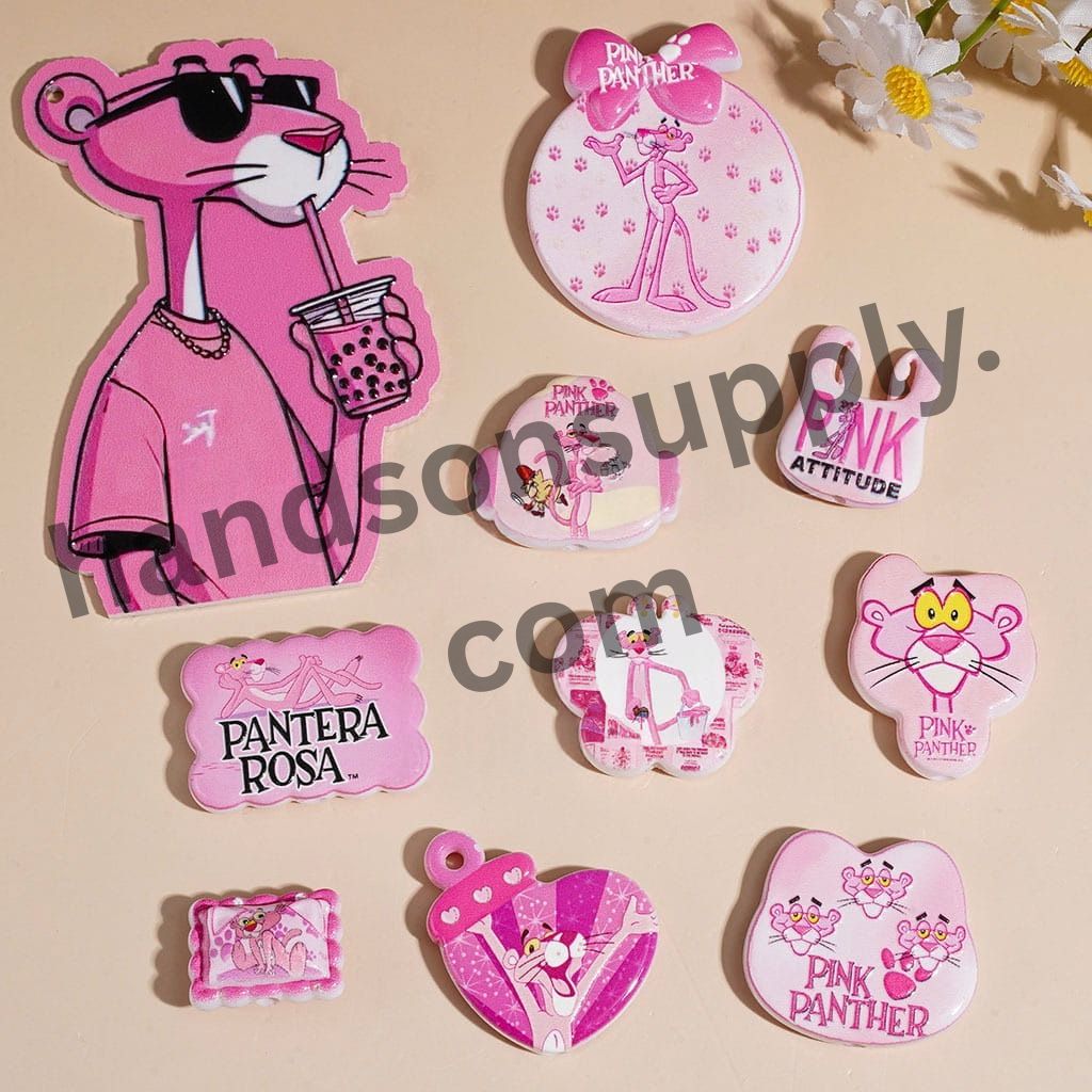 Pink Panther Cartoon Character Theme Acrylic Beads, Pink Color, Random Mix