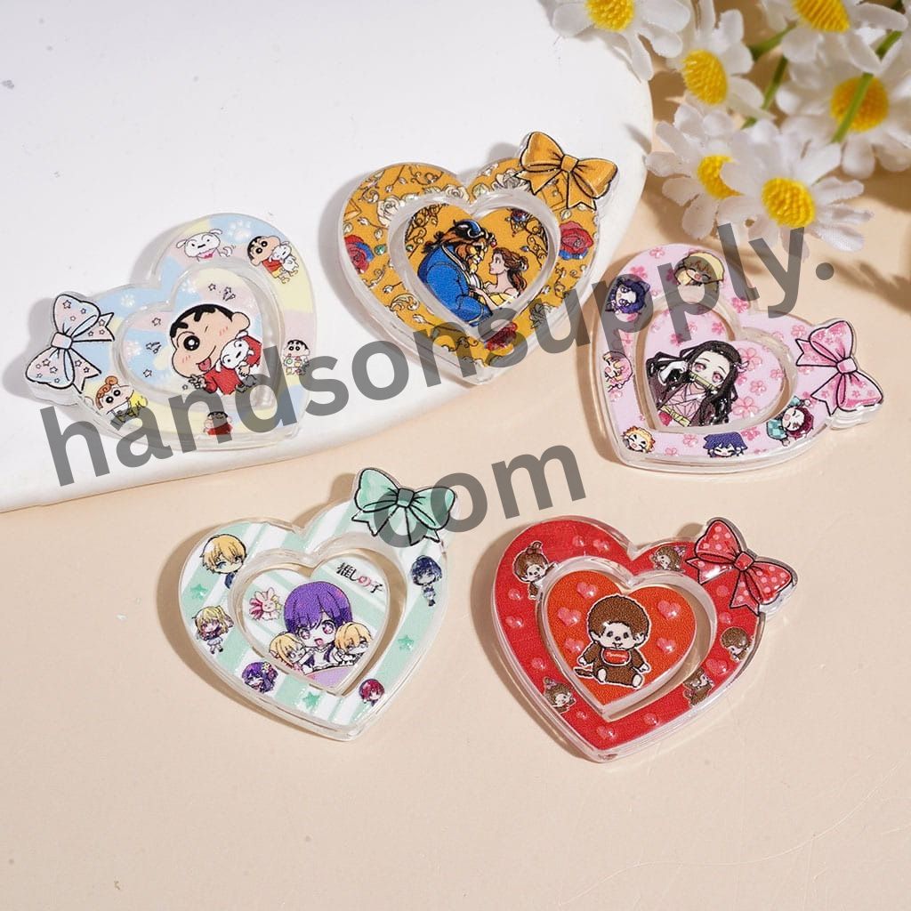 Cute Character Heart-Shaped Frame with Bowtie & Mini Heart Piece Acrylic Beads, Random Mix