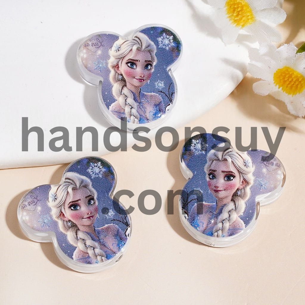 Magical Ice Princess Character Printed Mouse Head Shape Acrylic Beads, 24*24MM, Random Mix
