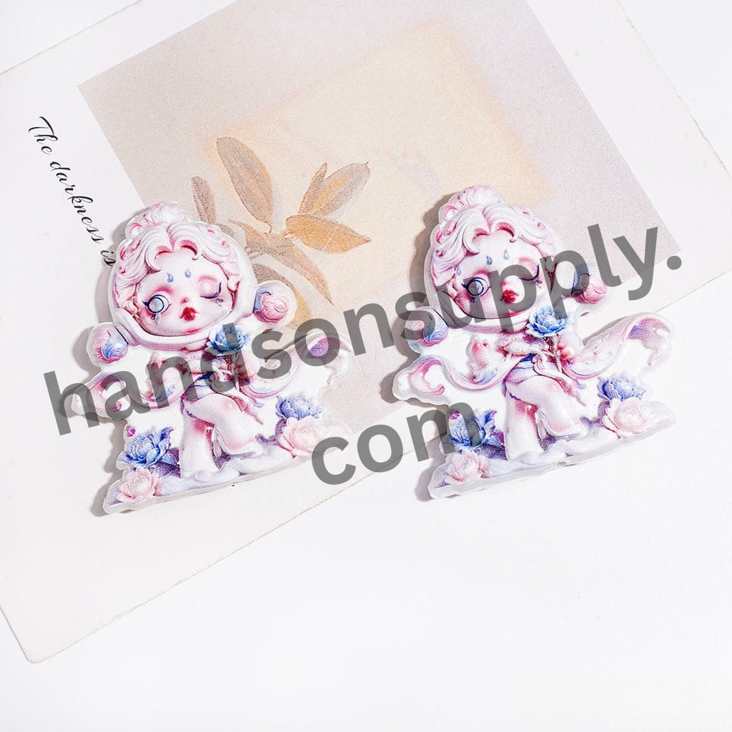 Elegant Baby Girl Doll with Lotus Flower and Lotus Pond Design Acrylic Beads, 50×48MM
