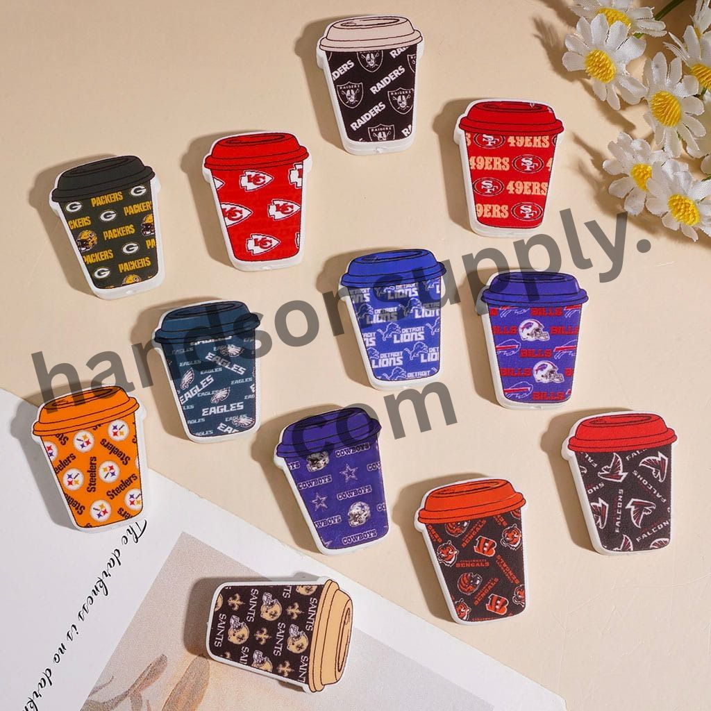 American Football Team Cute Coffee Cup Sports Theme Silicone Focal Beads, 23*30MM, Multi-Color Random Mix