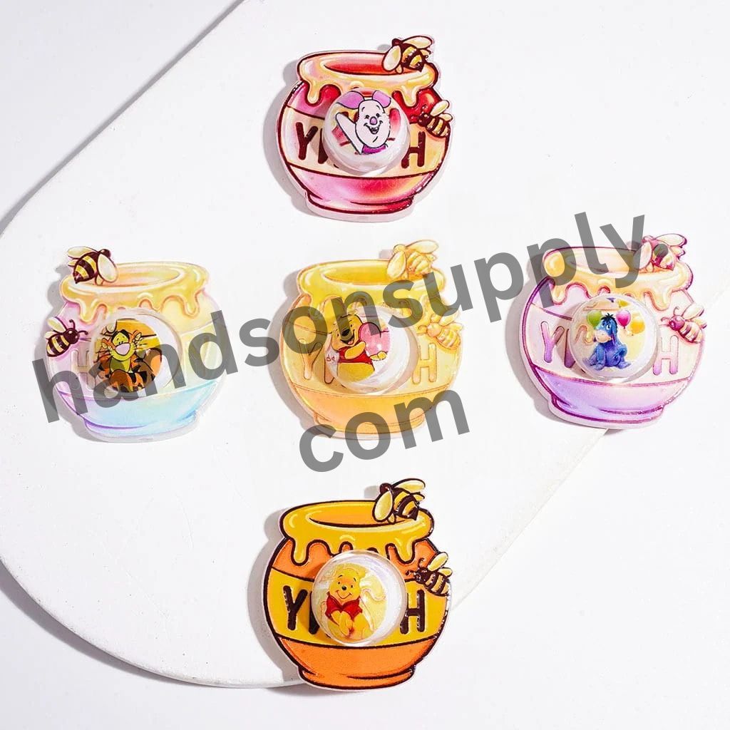 UV Coated Hollowed Honey Pot with Honey Bear Cartoon Character Print Round Acrylic Beads, Random Mix