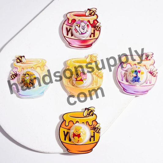 UV Coated Hollowed Honey Pot with Honey Bear Cartoon Character Print Round Acrylic Beads, Random Mix