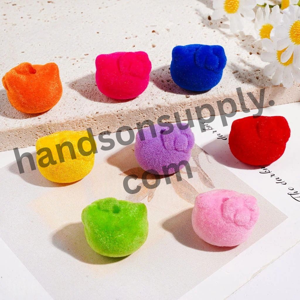 Fluffy Flocked Cat Character Head with Bowtie Acrylic Beads, 20*17MM, Assorted Colors, Random Mix
