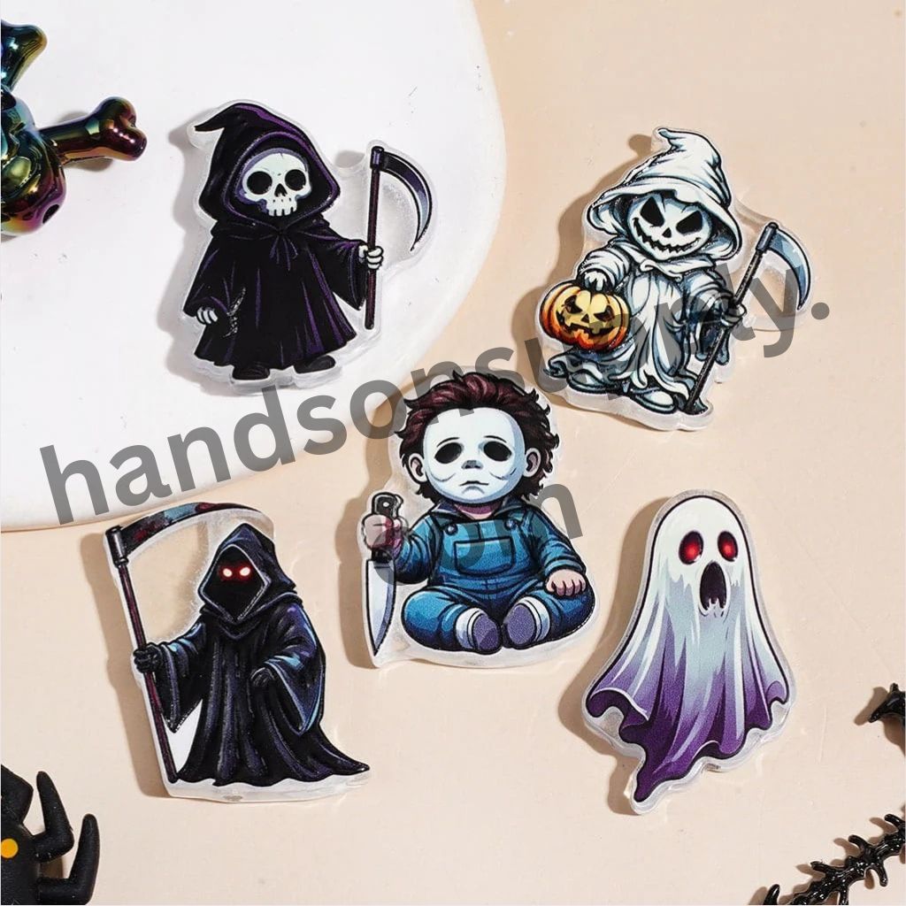 Spooky Dark Death, Ghost & Skull Character Designs, Halloween Theme Acrylic Beads, Random Mix