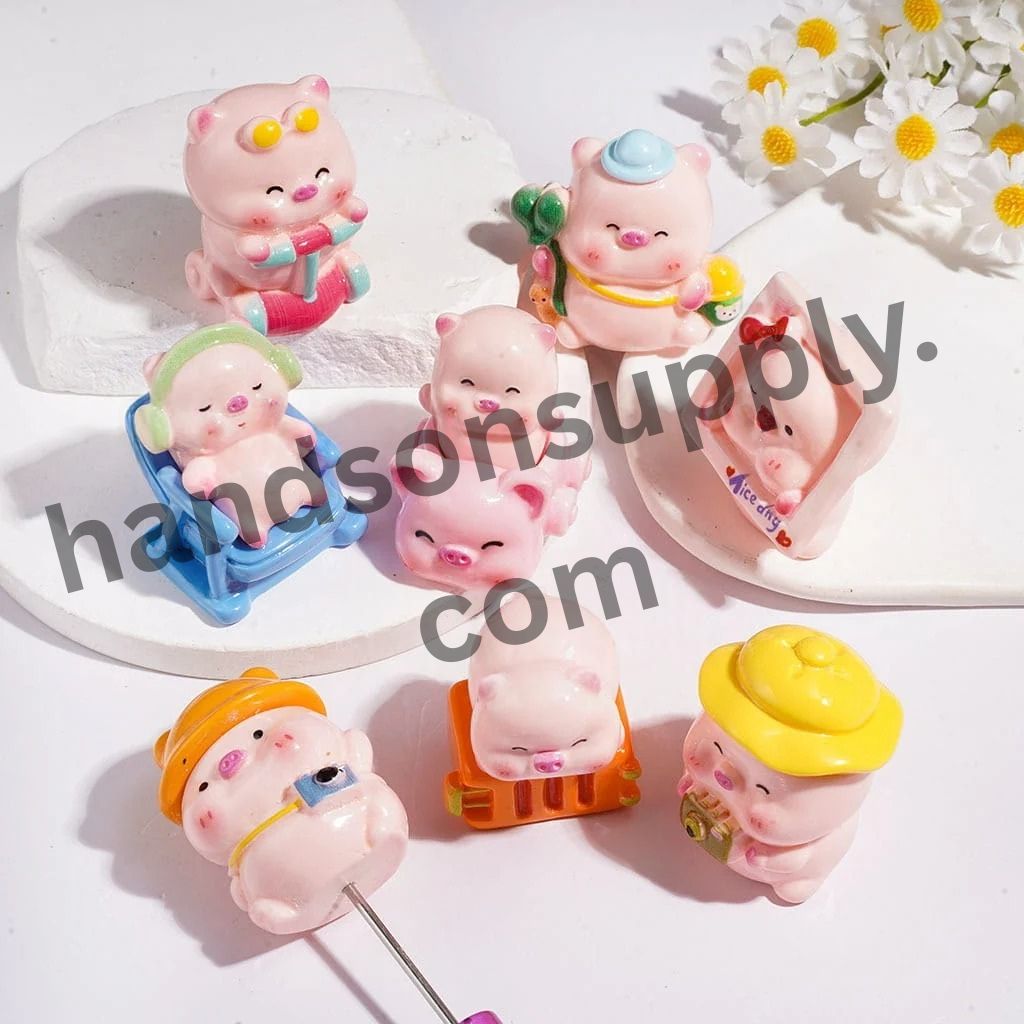 Cute Japanese Pink Pig Cartoon Character Summer Holiday Series Acrylic Figurine for Beads and Pen Topper, Jewelry Accessories, Random Mix