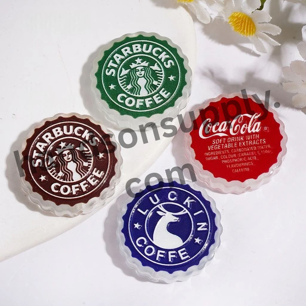 Cute Famous Coffee & Soda Drink Cap Wavy-Edge Round Acrylic Beads, 26MM, Random Mix