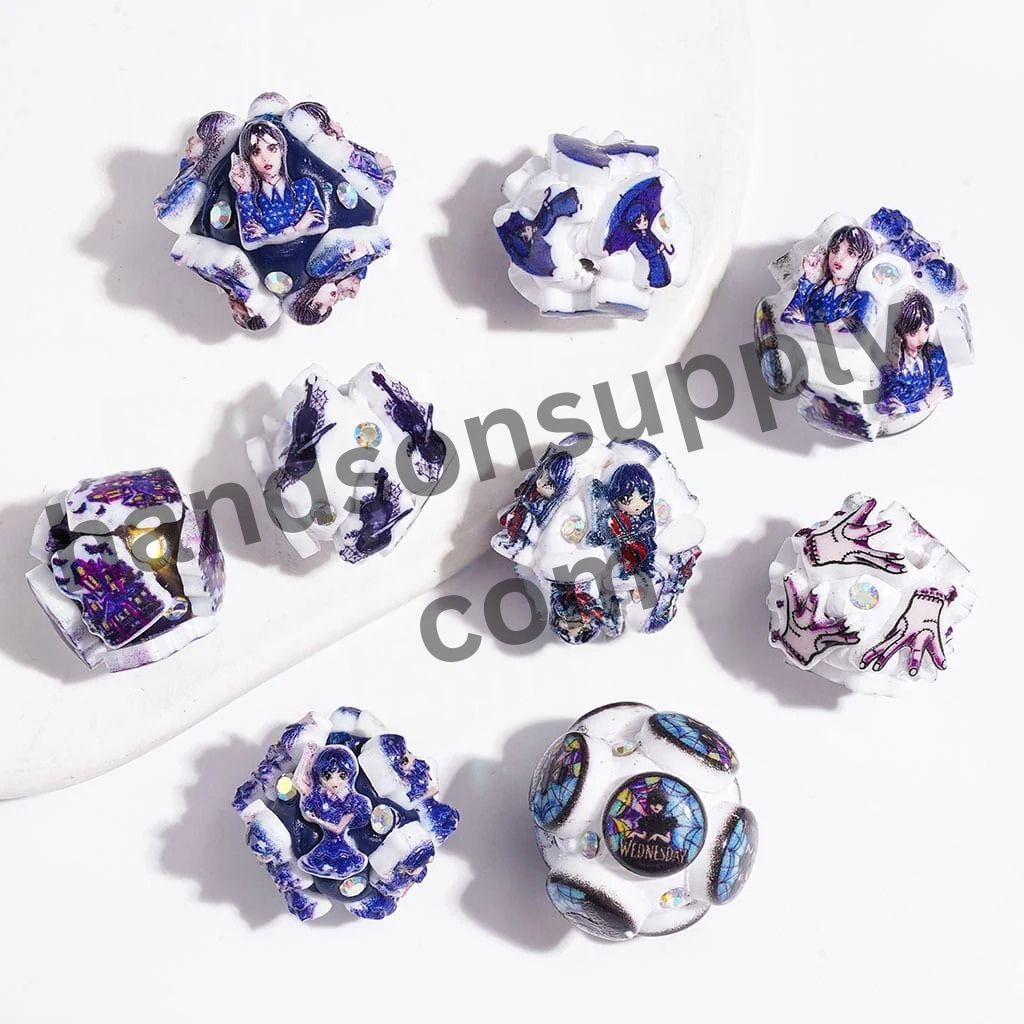 Spooky Iconic Horror Comedy Character American Transnatural Designs, Blue Series with Sparkling AB Rhinestones Clay Beads, Random Mix