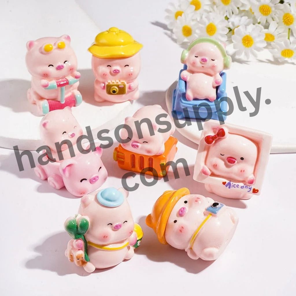 Cute Japanese Pink Pig Cartoon Character Summer Holiday Series Acrylic Figurine for Beads and Pen Topper, Jewelry Accessories, Random Mix
