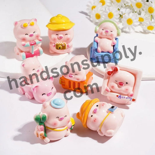 Cute Japanese Pink Pig Cartoon Character Summer Holiday Series Acrylic Figurine for Beads and Pen Topper, Jewelry Accessories, Random Mix
