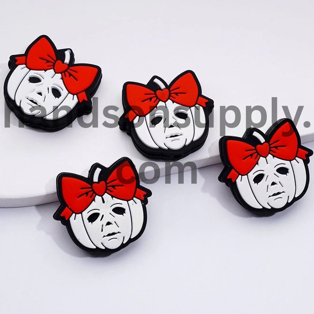 Adorable Michae Face with White Pumpkin Red Bowtie Halloween Silicone Focal Beads