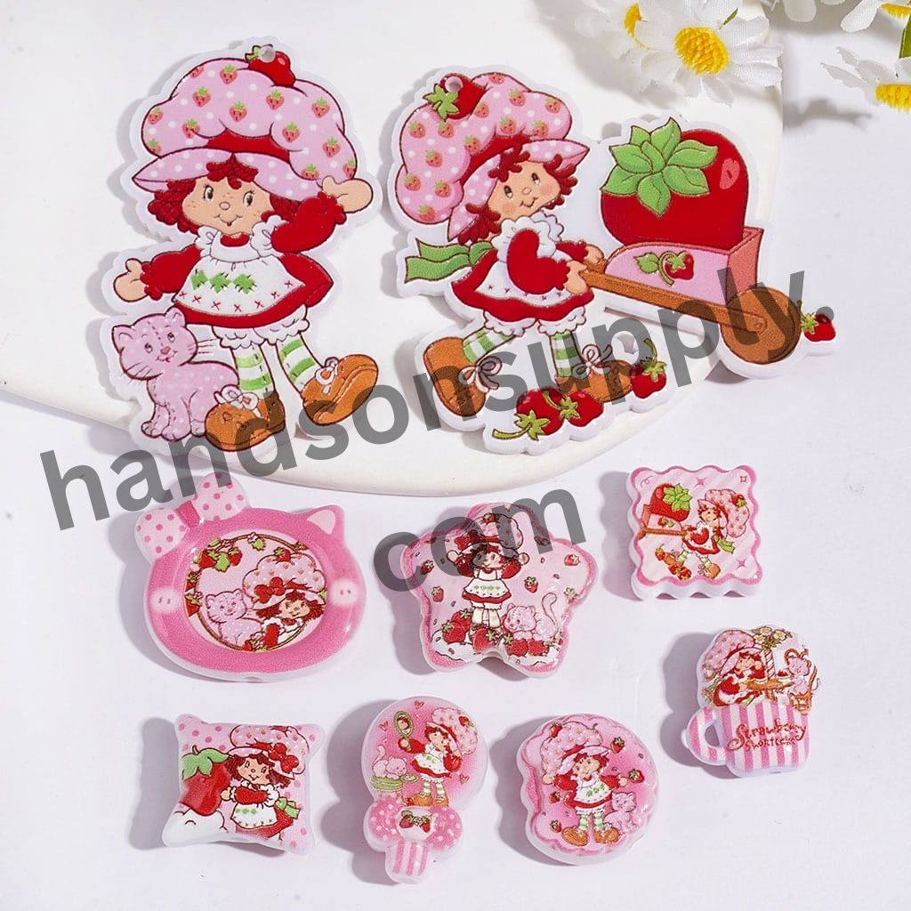 Cute Strawberry Shortcake Berry Girl Cartoon Character Pink Theme, Acrylic Beads & Pendants, Random Mix