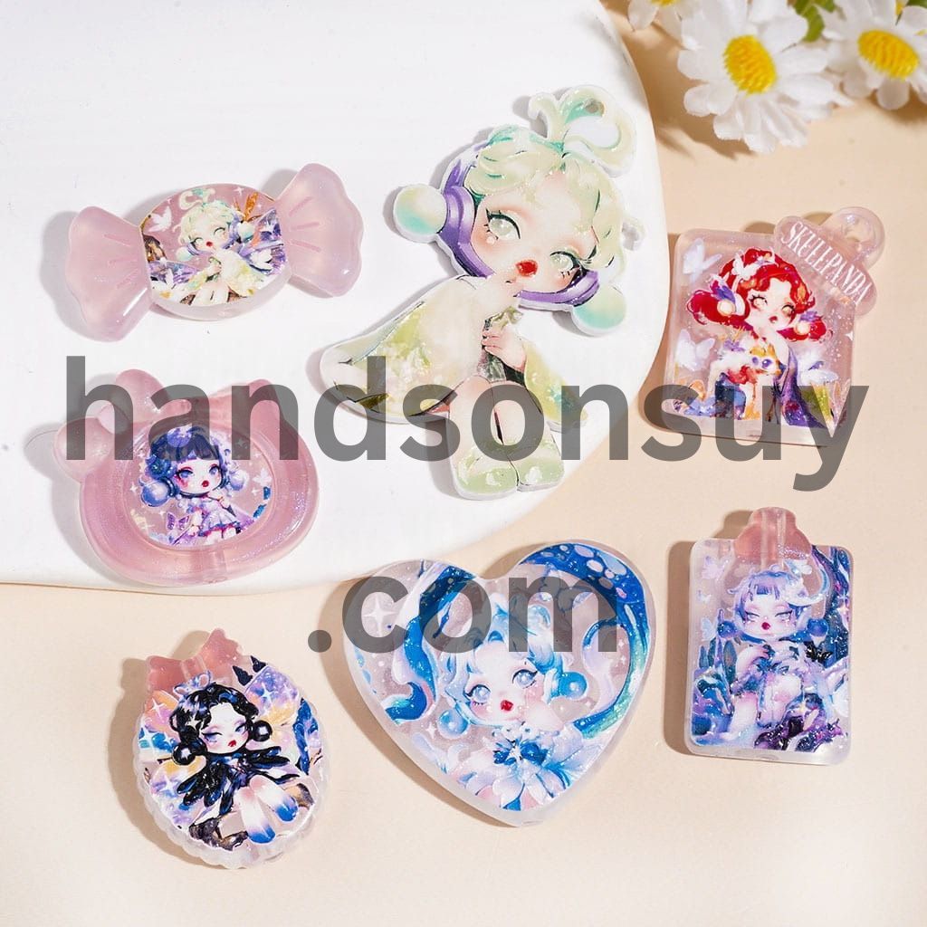 Cute Anime Style Fantasy Girl Theme Print Acrylic Beads Pendants, Assorted Shapes, Random Mix