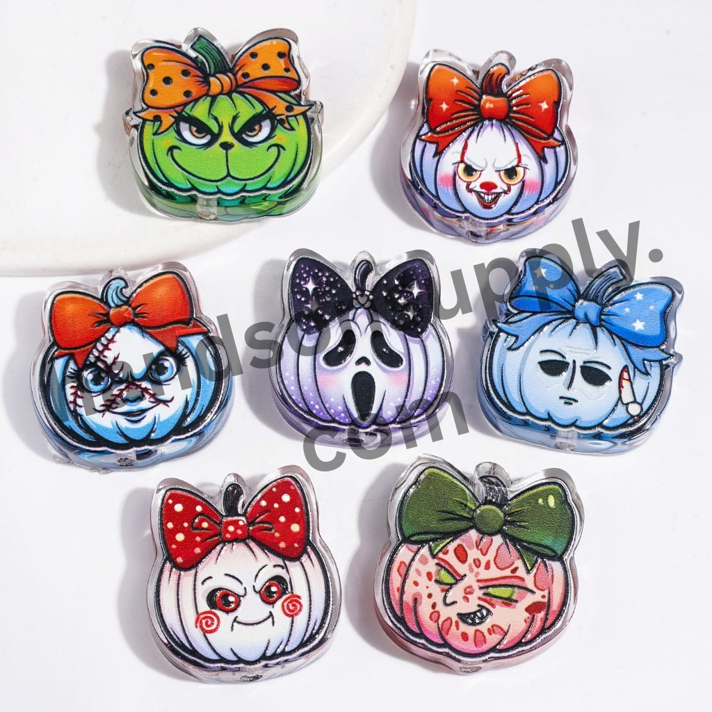 Halloween Horror Characters with Pumpkin Heads and Bowties Acrylic Beads, Random Mix