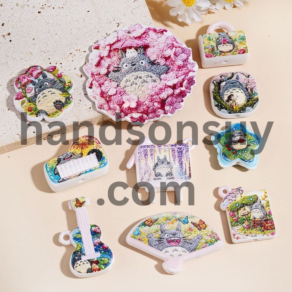 Cute Woodland Forest Spirit Japanese Anime Chinchilla Character Printed Acrylic Beads, Assorted Shapes, Random Mix