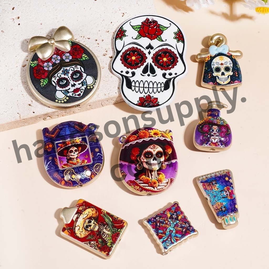Day of the Dead Skull Skeleton Halloween Theme Acrylic Beads Pendant Random Mix