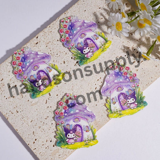 Purple Mushroom House Acrylic Pendants with Cute Goth Bunny, Rose Flowers & Green Plants, 48*35MM