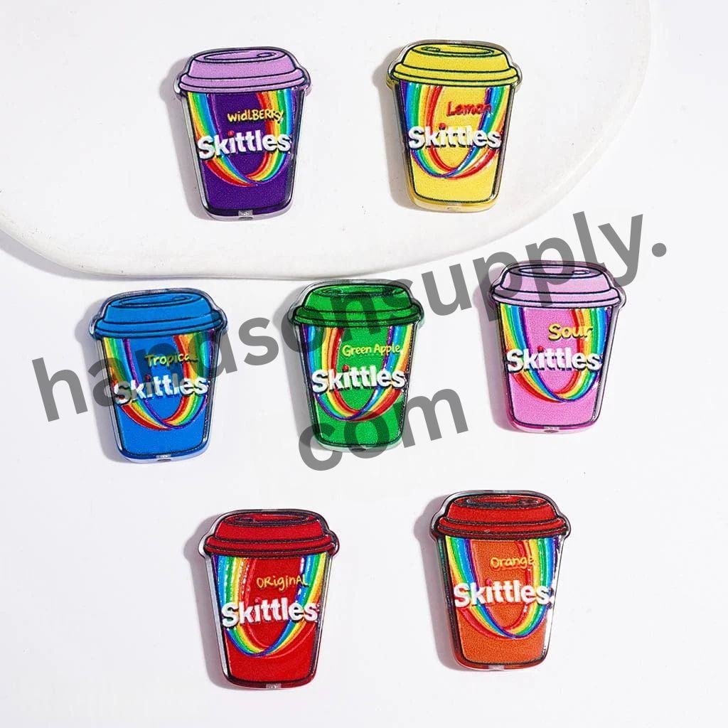 Adorable Coffee-to-Go Cup with Colorful Candy Text Print and Rainbow Design Acrylic Beads, 29*23MM, Multicolor Random Mix