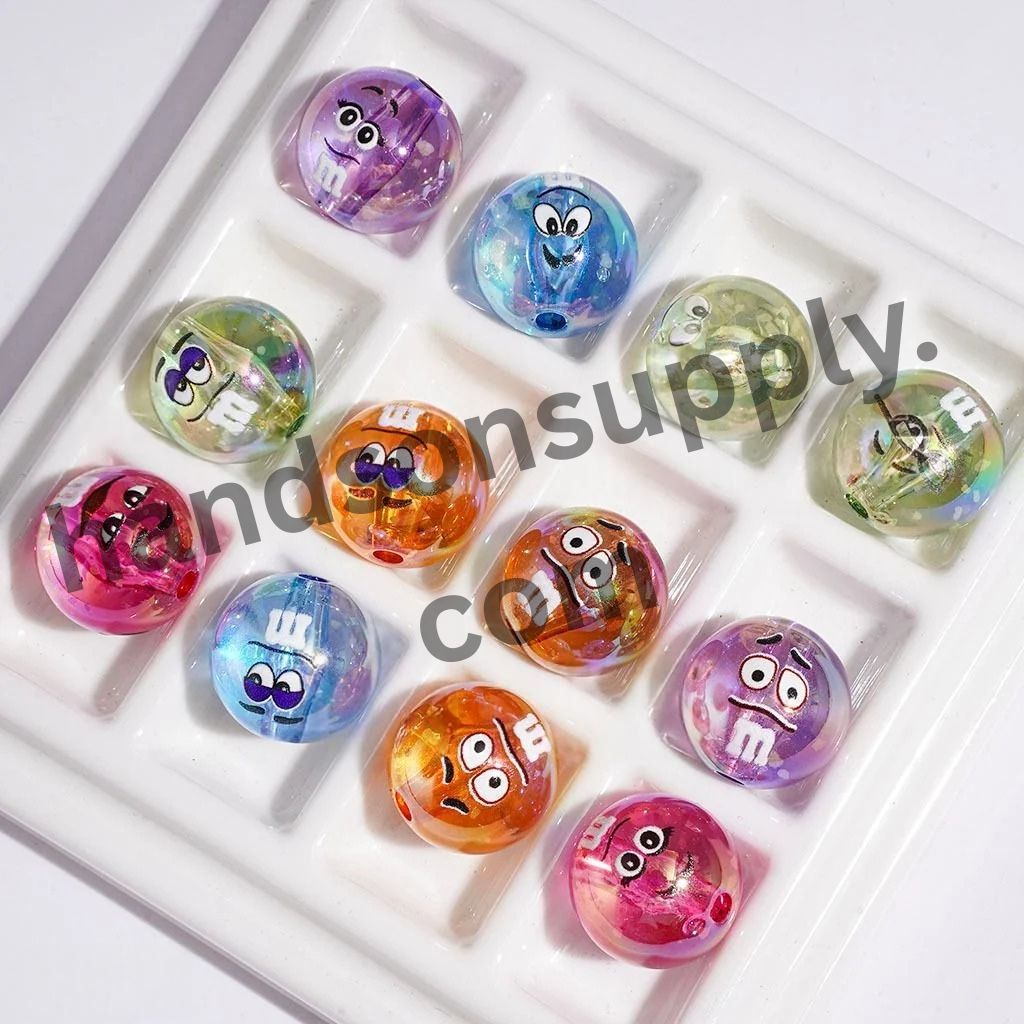 UV-Coated Cheerful Candy Chip Emoji Face Printed Round Acrylic Beads for Bracelets, 16MM, Random Mix