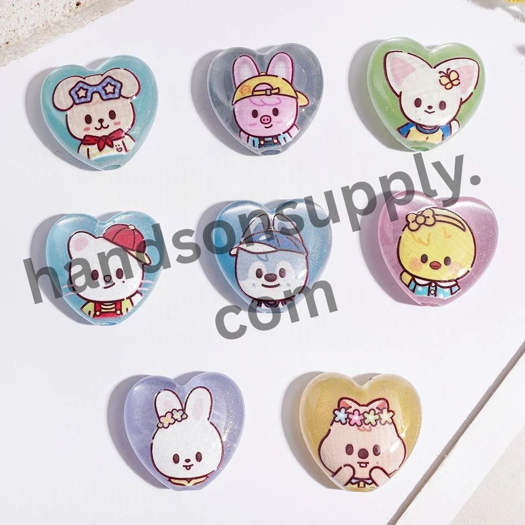 Korean Boy Group Cartoon Style Portrait Glittery Heart Shaped Acrylic Beads, 24*23MM Random Mix
