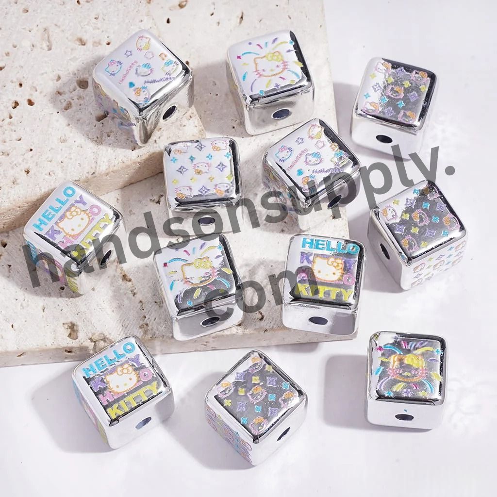 Cute Cat Character Prints with Colorful Bows, Stars, Hearts, and Playful Patterns Printed Cube Square Shape Acrylic Beads, 15*15MM, Random Mix