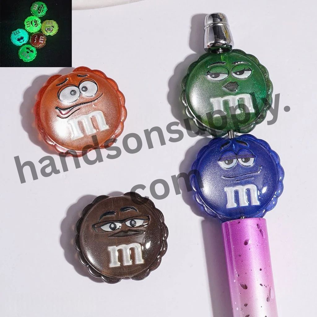Luminous Cute Sweet Candy Chip with Various Facial Expressions, Wavy Edged Flat Round Shape Acrylic Beads, 25*23MM, Random Mix Multi-Color