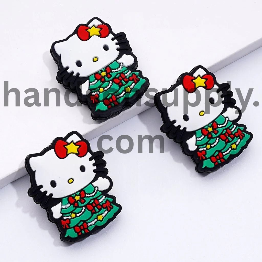 Cute Cat Adorable Character with Green Christmas Tree Design Dress Little Red Bowtie Silicone Focal Beads