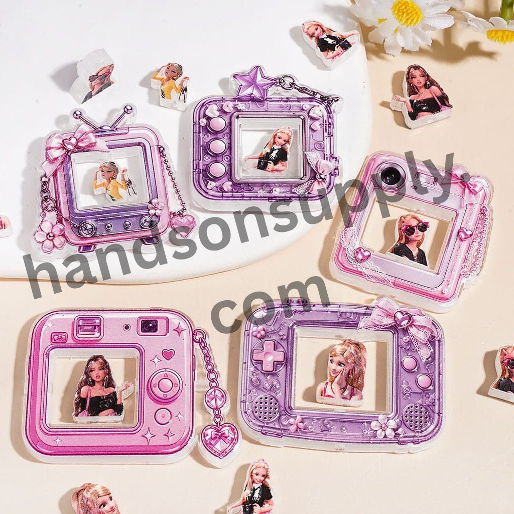 Television Radio Frame Hollowed Camera with Fashion Doll Character Acrylic Beads, Pink Purple Series, Random Mix (Please Read Description)