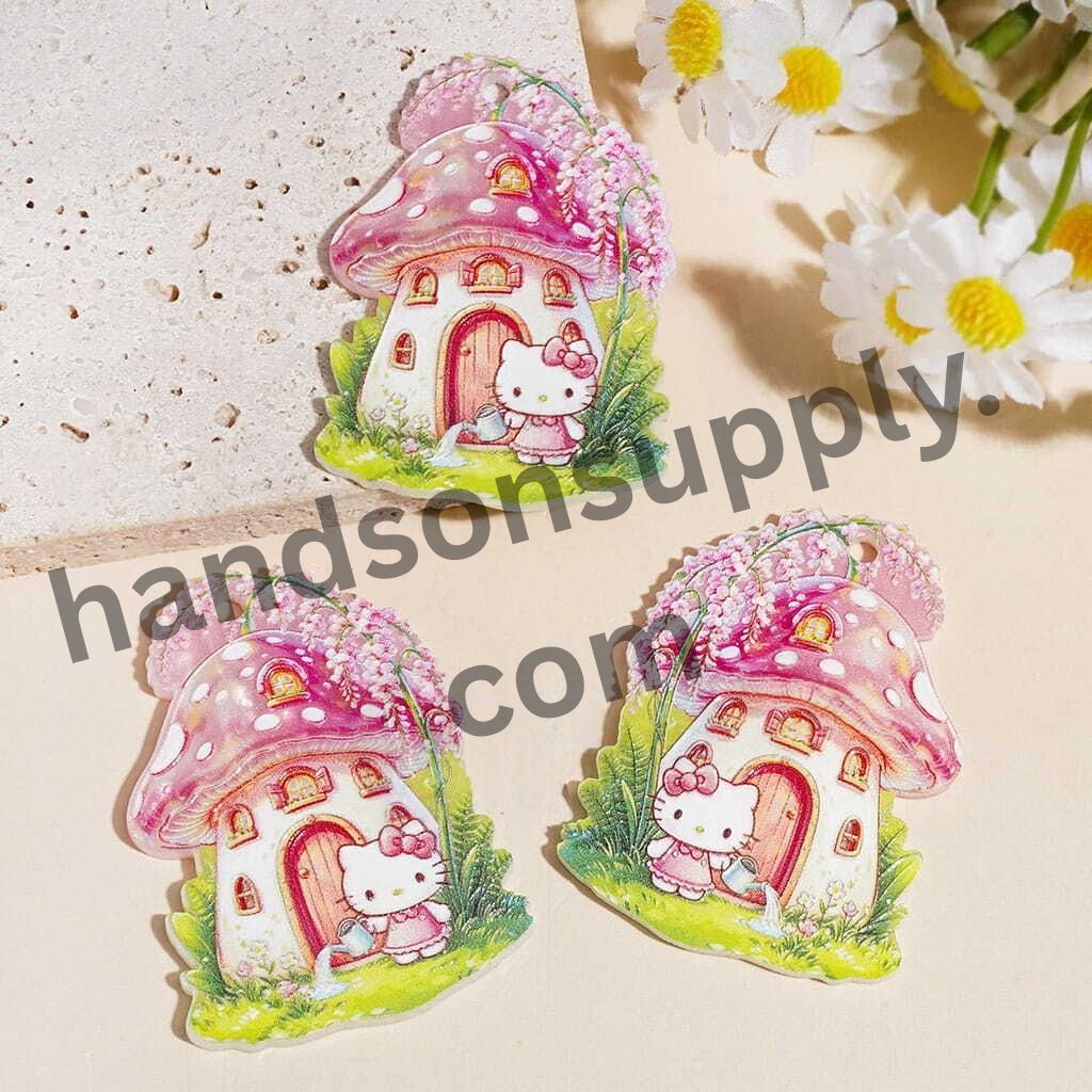 Pink Mushroom House with Cute Cat Character Acrylic Pendant, Fairy Garden Theme Charm, 36*47MM