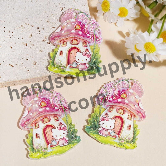 Pink Mushroom House with Cute Cat Character Acrylic Pendant, Fairy Garden Theme Charm, 36*47MM