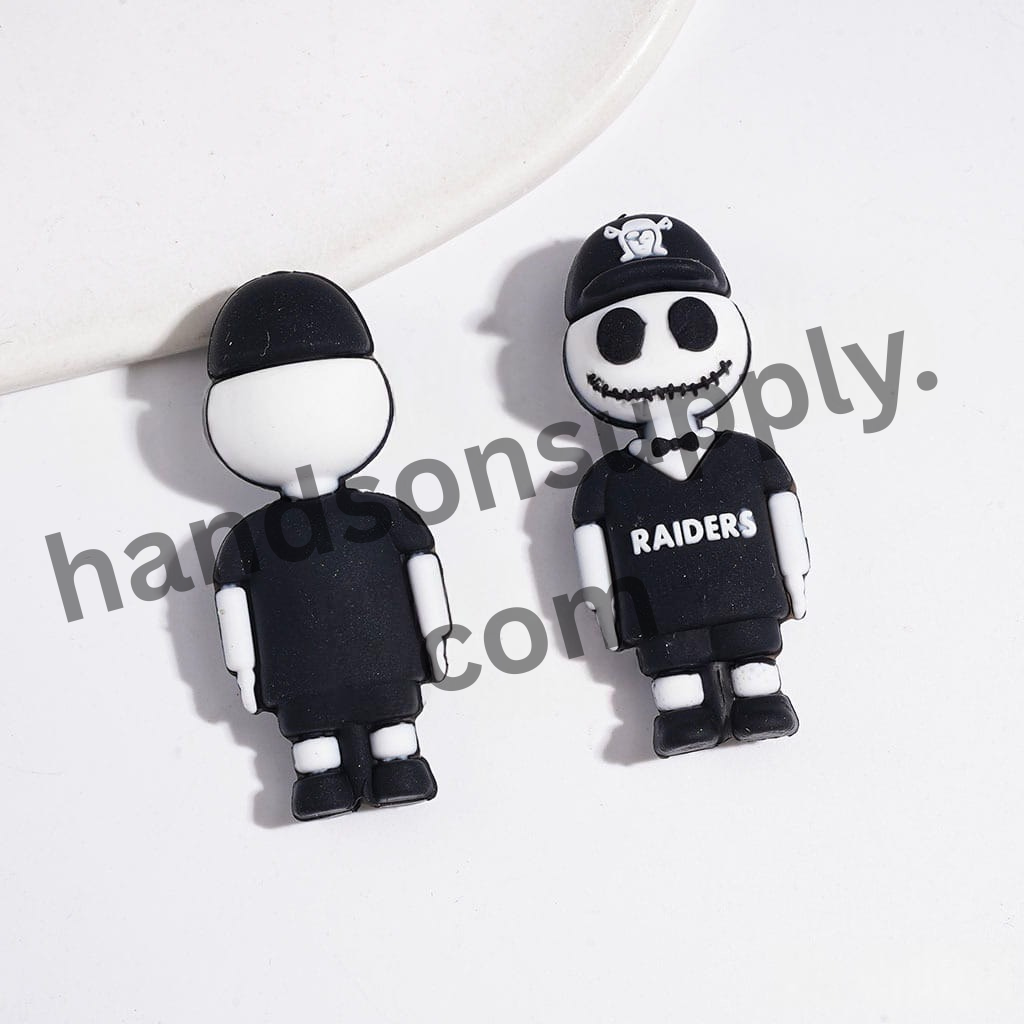 Las Vegas Football Team Skull Skeleton Couple Silicone Focal Beads with Black Sports Hats and Jerseys, 3D Design, 44MM