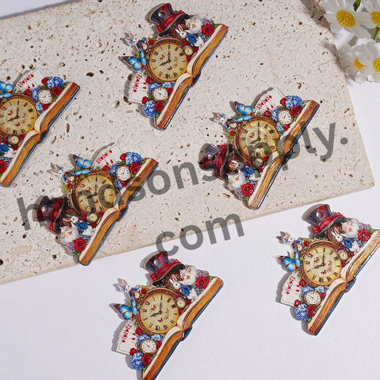 Fantasy White Rabbit Clock Book Acrylic Pendant with Butterfly & Playing Cards, 47*32MM
