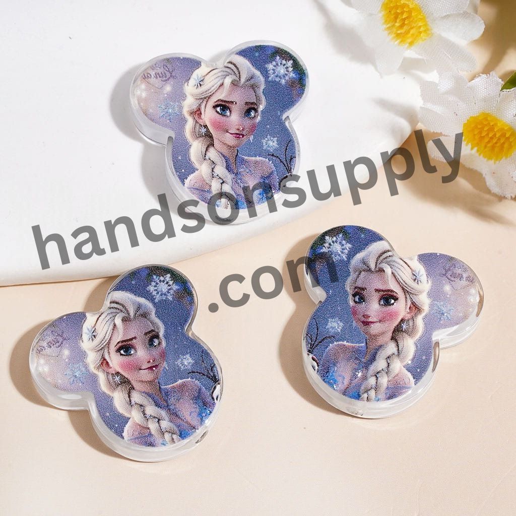 Magical Ice Princess Character Printed Mouse Head Shape Acrylic Beads, 24*24MM, Random Mix