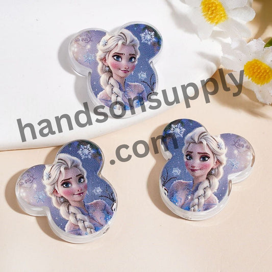 Magical Ice Princess Character Printed Mouse Head Shape Acrylic Beads, 24*24MM, Random Mix