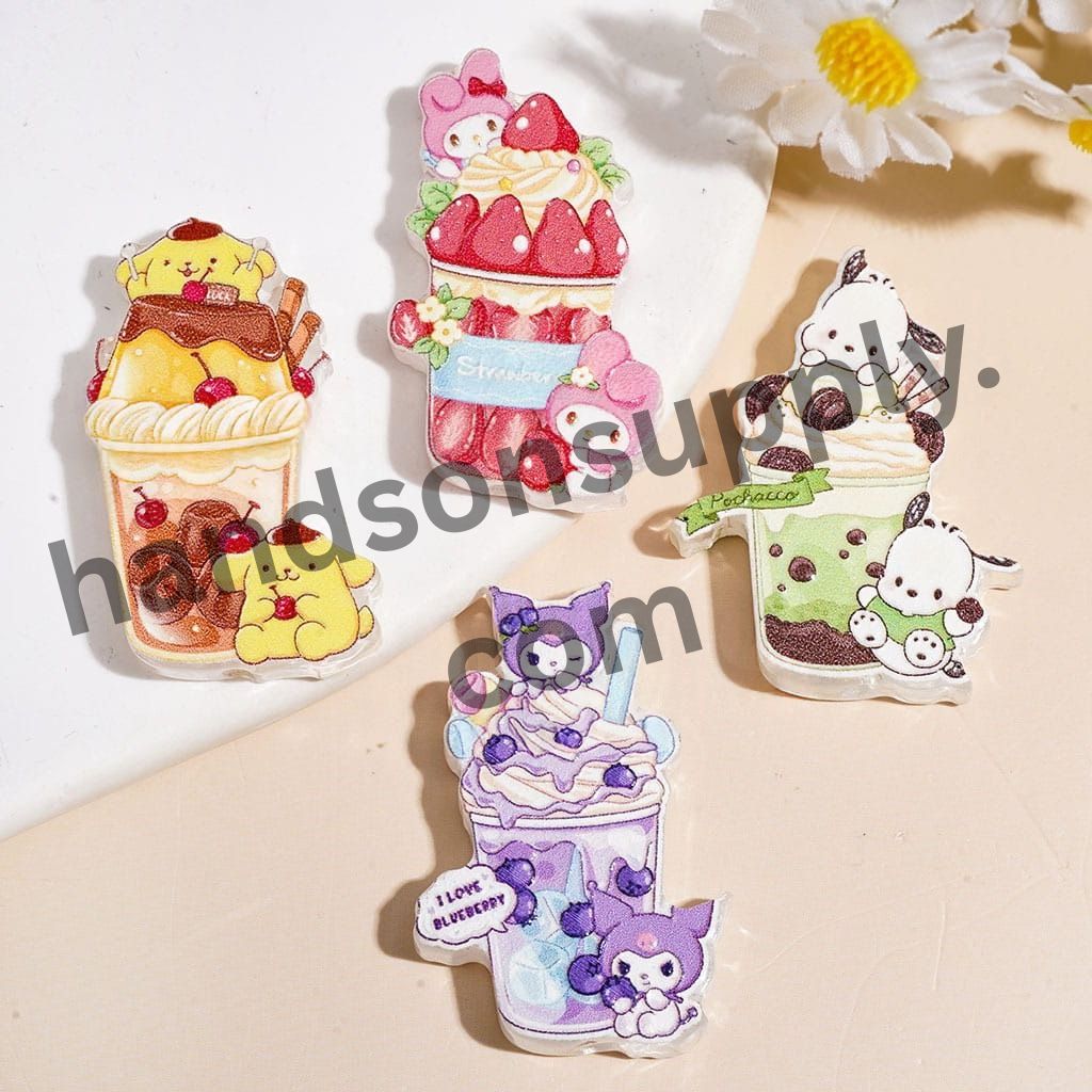 Cute Dessert Drink Cup Acrylic Beads with Adorable Character Prints, Strawberry, Chocolate & Blueberry Series, Random Mix