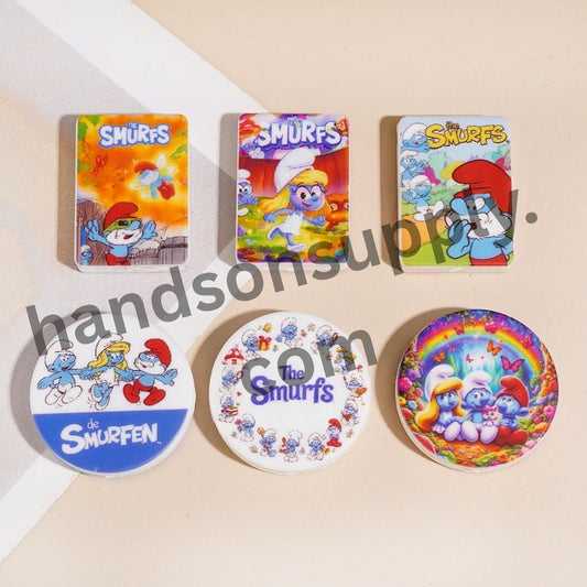 The Smurfs Cartoon Character Printed Flat Round and Rectangle Shape Silicone Focal Beads, Assorted Designs, Random Mix