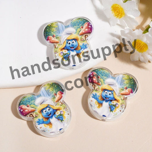 Blue Cartoon Girl Character Printed Mouse Head Shapes Acrylic Beads, 24*24MM, Random Mix