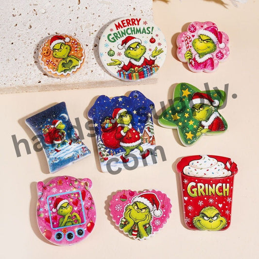 Christmas Theme Green Grinch Character with Santa Hat Acrylic Beads Pendants, Assorted Designs, Random Mix