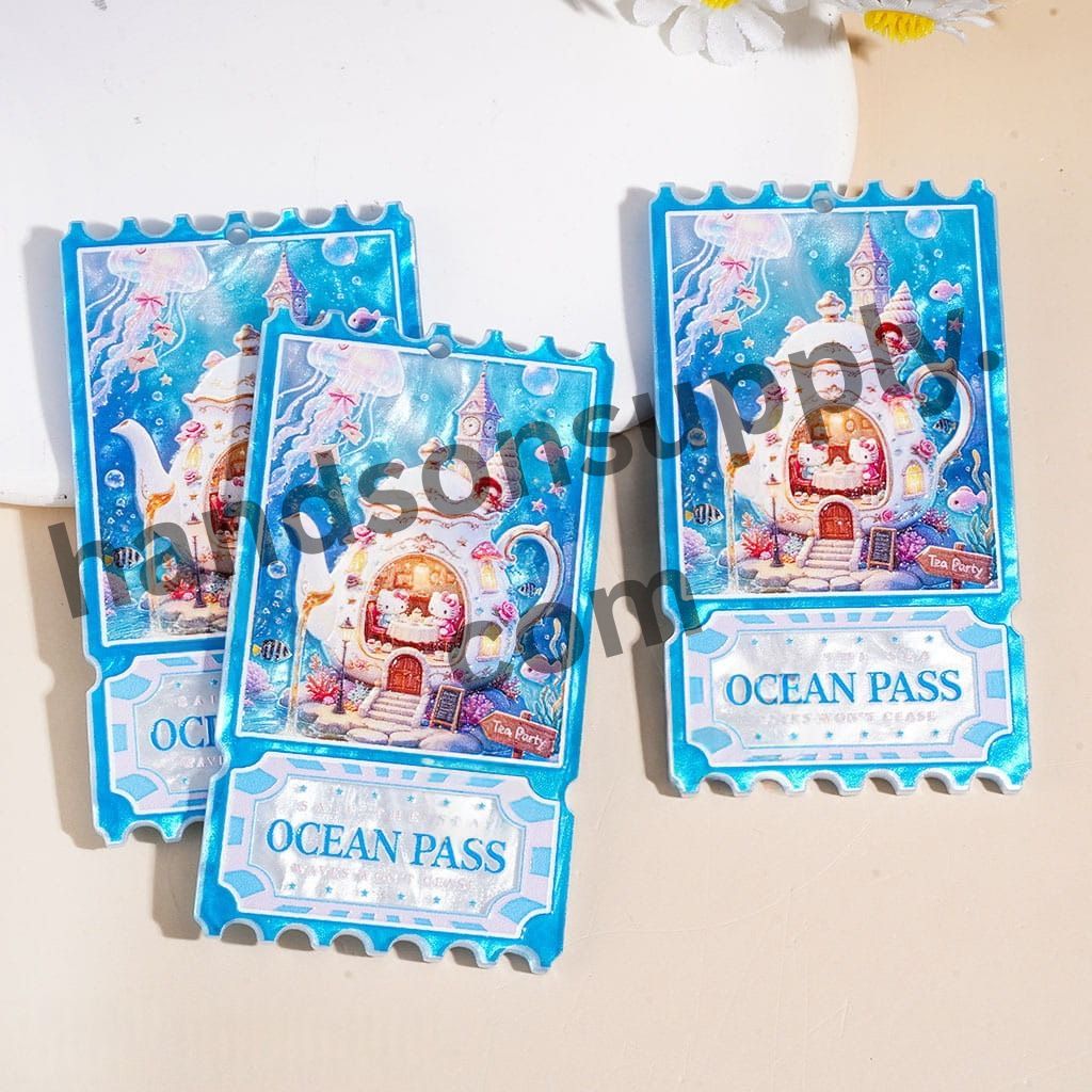 Ocean Teapot House Series Stamps with Cute Cat, Jellyfish, Fish, Coral & Ocean Pass Ticket, Acrylic Pendants, 39*69MM