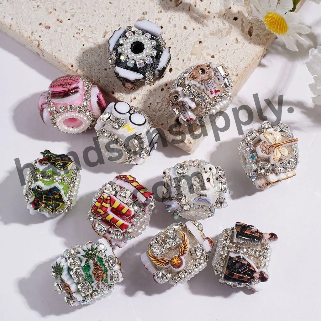Whimsical Wizard Boy Character & Magical Tool Series with Rhinestone Chains & White Pearl Loop Handmade Acrylic Beads, 21MM Random Mix