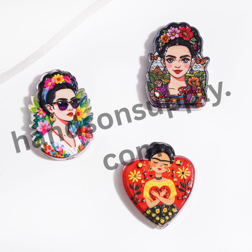 Floral Frida Portrait Design Semi-Clear Acrylic Beads, Oil Painting Style, Random Mix